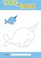 trace and color animal . tracing and coloring narwhal. vector