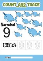 numbering trace and color narwhal .for kids. vector