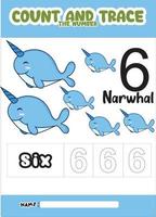 numbering trace and color narwhal .for kids. vector