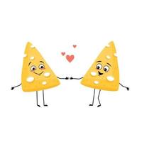 Cute cheese character with love emotions, smile face, arms and legs. Fun dairy meal or snack. Vector flat illustration