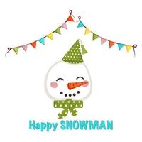 Cute white snowman in children style with festive decorations for holiday. Funny character with happy face, cap, bow and garland of flags. Vector flat illustration