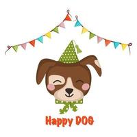 Cute dog or puppy in children style with festive decorations for Holiday, New Year, Christmas and Easter. Funny animal or pet with cap and bow and garland of flags. Vector flat illustration