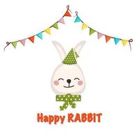 Cute rabbit or hare in children style with festive decorations for Holiday, New Year, Christmas and Easter. Funny animal with cap and bow and garland of flags. Vector flat illustration