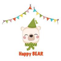 Cute white polar bear in children style with festive decorations for holiday. Funny animal with happy face, cap, bow and garland of flags. Vector flat illustration