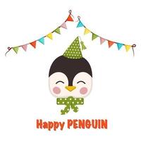 Cute penguin in children style with festive decorations for holiday. Funny animal with happy face, cap, bow and garland of flags. Vector flat illustration