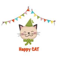 Cute cat or kitten in children style with festive decorations for holiday. Funny animal or pet with cap and bow and garland of flags. Vector flat illustration