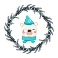 Cute white polar bear in hat and scarf in childish style with frame from festive Christmas wreath. Funny animal with happy face. Vector flat illustration for holiday and new year