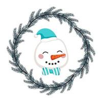 Cute snowman in hat and bow in childish style with frame from festive Christmas wreath. Funny character with happy face. Vector flat illustration for holiday and new year