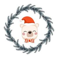Cute white polar bear in hat and bow in childish style with frame from festive Christmas wreath. Funny animal with happy face. Vector flat illustration for holiday and new year