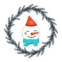 Cute snowman in cap and scarf in childish style with frame from festive Christmas wreath. Funny character with happy face. Vector flat illustration for holiday and new year