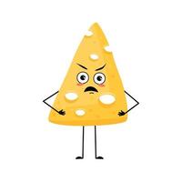 Cute cheese character with angry emotions, grumpy face, furious eyes, arms and legs. Irritated dairy meal or snack. Vector flat illustration
