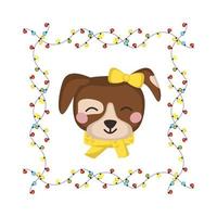 Cute dog or puppy with bow and scarf in childish style with frame made of festive garlands with lights. Funny pet with happy face. Vector flat illustration for holiday