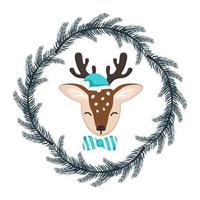 Cute deer in childish style with decorations for the New Year and Christmas in frame of fir branches. Festive funny animal with bow and hat. Vector flat illustration