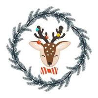 Cute deer in childish style with decorations for the New Year and Christmas in frame of fir branches. Festive funny animal with bow and garland of light bulbs. Vector flat illustration