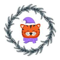 Cute Chinese tiger in childish style with festive Christmas wreath of fir branches in cap and bow. Funny animal predator with happy face. Vector flat illustration for holiday and new year