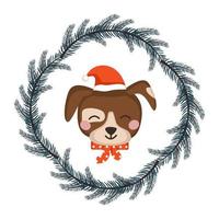 Cute dog or puppy in Santa hat and bow in childish style with frame from festive Christmas wreath. Funny animal or pet with happy face. Vector flat illustration for holiday and new year