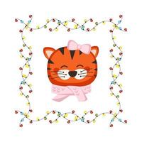 Cute Chinese tiger with bow and scarf in childish style with frame made of festive garlands with lights. Funny animal with happy face. Vector flat illustration for holiday