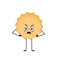 Cute milk cookie character with angry emotions, grumpy face, furious eyes, arms and legs. Cheerful baking person, biscuit with furious expression. Vector flat illustration