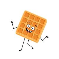 Cute character belgian waffle with happy emotions, face, smile, eyes, arms and legs. Cheerful baking person, dessert with joyful expression. Vector flat illustration
