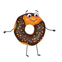 lindo personaje de donut glaseado con emociones felices, cara, sonrisa, ojos, brazos y piernas. hombre alegre para hornear postre con una expresión alegre en su rostro. vector ilustración plana