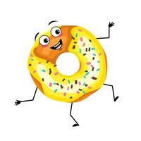 lindo personaje de donut glaseado con emociones felices, cara, sonrisa, ojos, brazos y piernas. hombre alegre para hornear postre con una expresión alegre en su rostro. vector ilustración plana