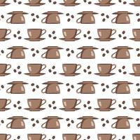 Seamless pattern with cups, saucers and coffee beans. Print with mugs for cafes, textiles and design. Vector flat illustration