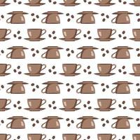 Seamless pattern with cups, saucers and coffee beans. Print with mugs for cafes, textiles and design. Vector flat illustration