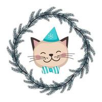 Cute cat or kitten in cap and bow in childish style with frame from festive Christmas wreath. Funny animal with happy face. Vector flat illustration for holiday and new year