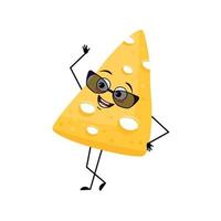 Cute cheese character with joyful emotions, happy face, smile, eyes, arms and legs. Fun dairy meal or snack. Vector flat illustration