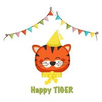 Cute tiger in children style with festive decorations for Holiday, New Year and Christmas. Funny animals with caps and bows and garland of flags. Vector flat illustration