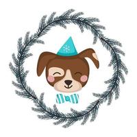 Cute dog or puppy in cap and bow in childish style with frame from festive Christmas wreath. Funny animal or pet with happy face. Vector flat illustration for holiday and new year