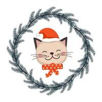 Cute cat or kitten in Santa hat and bow in childish style with frame from festive Christmas wreath. Funny animal with happy face. Vector flat illustration for holiday and new year