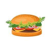 Hamburger with cutlet, tomatoes and salad. Fast food icon for restaurant, cafe and design. Vector flat illustration of products and meat meals