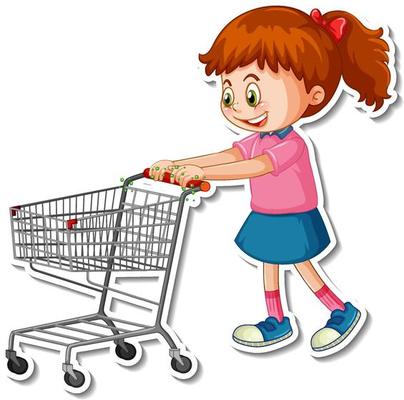 A girl pushing shopping trolley