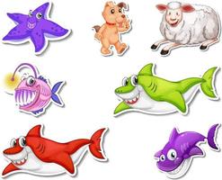 Set of stickers with sea animals and dogs cartoon character vector