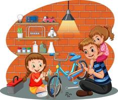 niños arreglando una bicicleta juntos vector