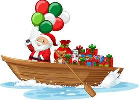 santa claus en bote de remos con muchas cajas de regalo vector