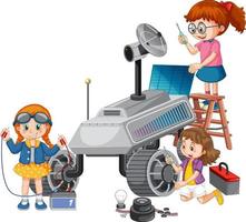 Children fixing satellite together on white background vector