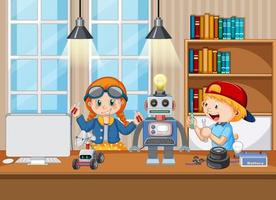 Children fixing a robot together in the room scene vector