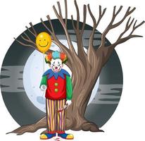 Payaso espeluznante con árbol sobre fondo de luna llena vector