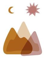 Abstract minimalist vector landscape with mountains, sun and crescent. Modern flat illustration poster