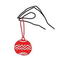 Hand holding Christmas bauble ornament. Simple doodle style vector illustration