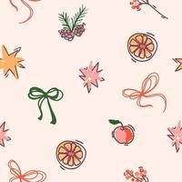 Festive seamless pattern. Repeat background with bows,stars, and pine cones for surface design. Hand drawn vector illustration