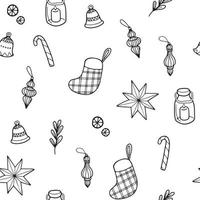 Navidad de patrones sin fisuras. patrón blanco y negro con atributos festivos para el diseño de superficies. Ilustración de vector de estilo doodle