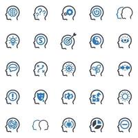 conjunto de iconos de psicología - ilustración vectorial. psicología, humano, cabeza, cerebro, lluvia de ideas, mente, idea, creativo, engranaje, solución, estratégico, pensamiento, iconos. vector