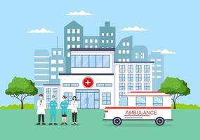 Hospital Building for Healthcare Background Vector Illustration with, Ambulance Car, Doctor, Patient, Nurses and Medical Clinic Exterior