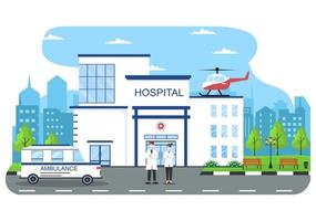 Hospital Building for Healthcare Background Vector Illustration with, Ambulance Car, Doctor, Patient, Nurses and Medical Clinic Exterior