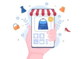 Mobile Store or Shopping Online in Application Vector Illustration. Digital Marketing Promotion, Payment and Purchase Via Credit Card for Poster