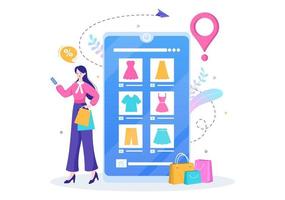 Mobile Store or Shopping Online in Application Vector Illustration. Digital Marketing Promotion, Payment and Purchase Via Credit Card for Poster