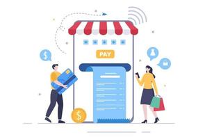 tienda móvil o compras en línea en la ilustración de vector de aplicación. Promoción de marketing digital, pago y compra mediante tarjeta de crédito para cartel.